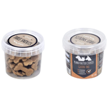 Two containers of dog treats with labels on a white background
