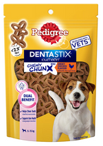 Pedigree Dentastix Chewy Chunx packaging with a dog on a yellow background