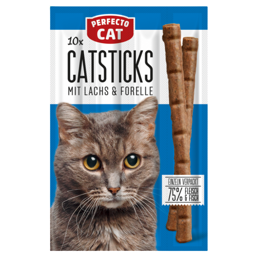 Pack of Perfecto Cat Catsticks with a cat's face on the packaging