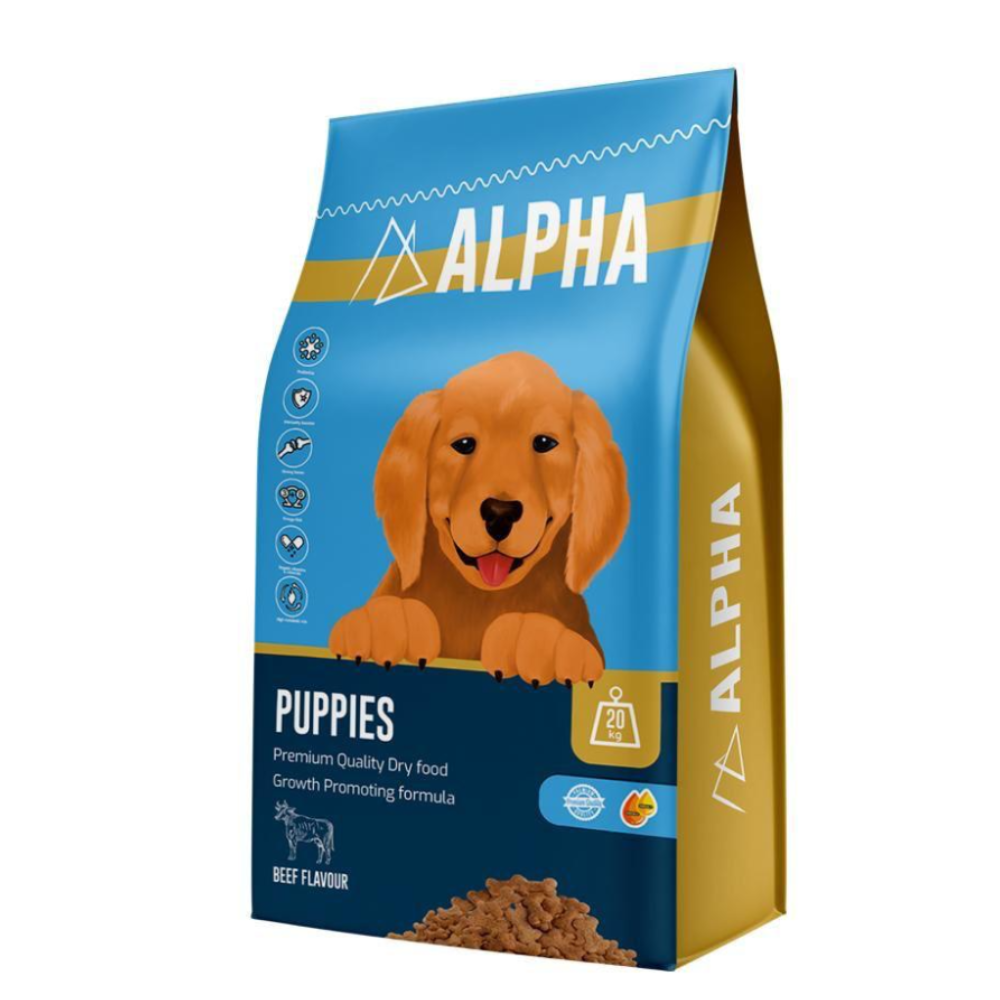 Alpha Puppies dog food package with a puppy illustration on a white background