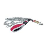 Dog leash with chain design and pink handle on a white background