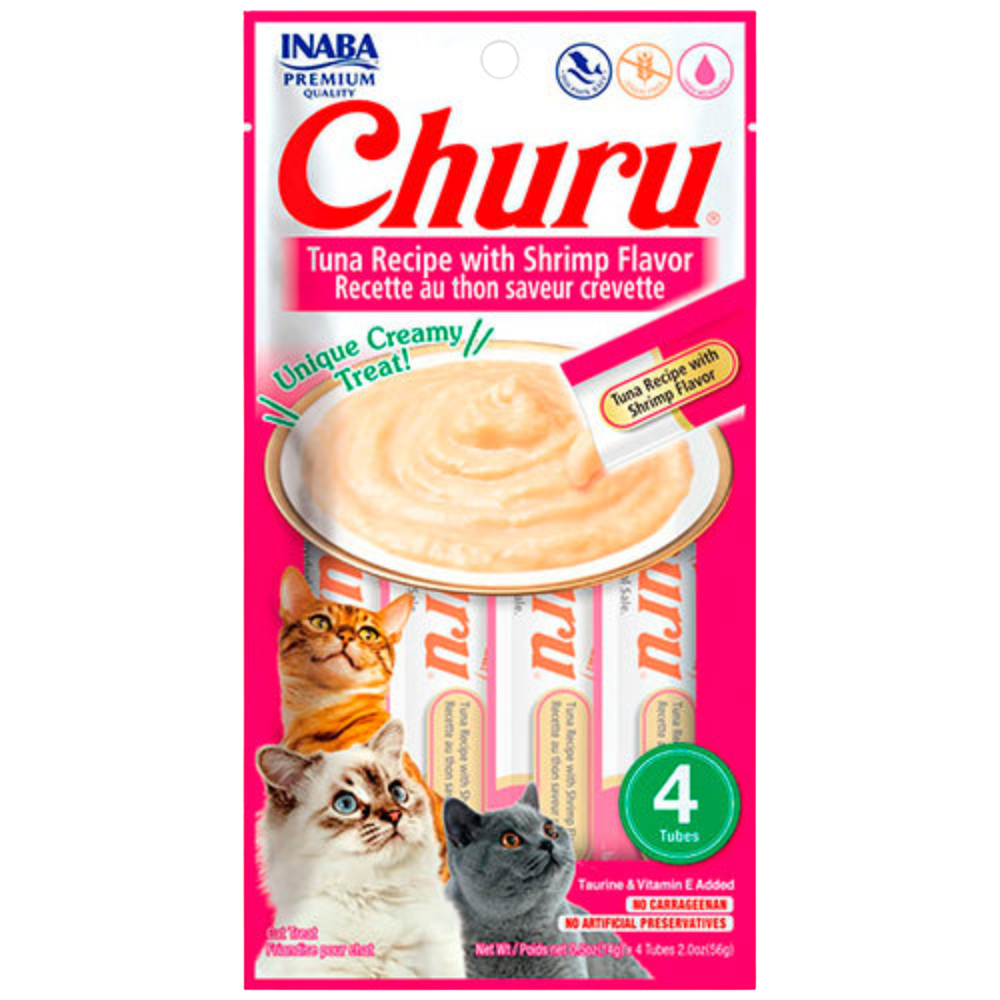 Churu tuna recipe with shrimp flavor cat treat packaging on a white background