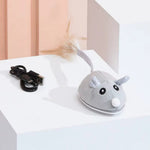 Gray mouse-shaped USB device with a cable on a white surface