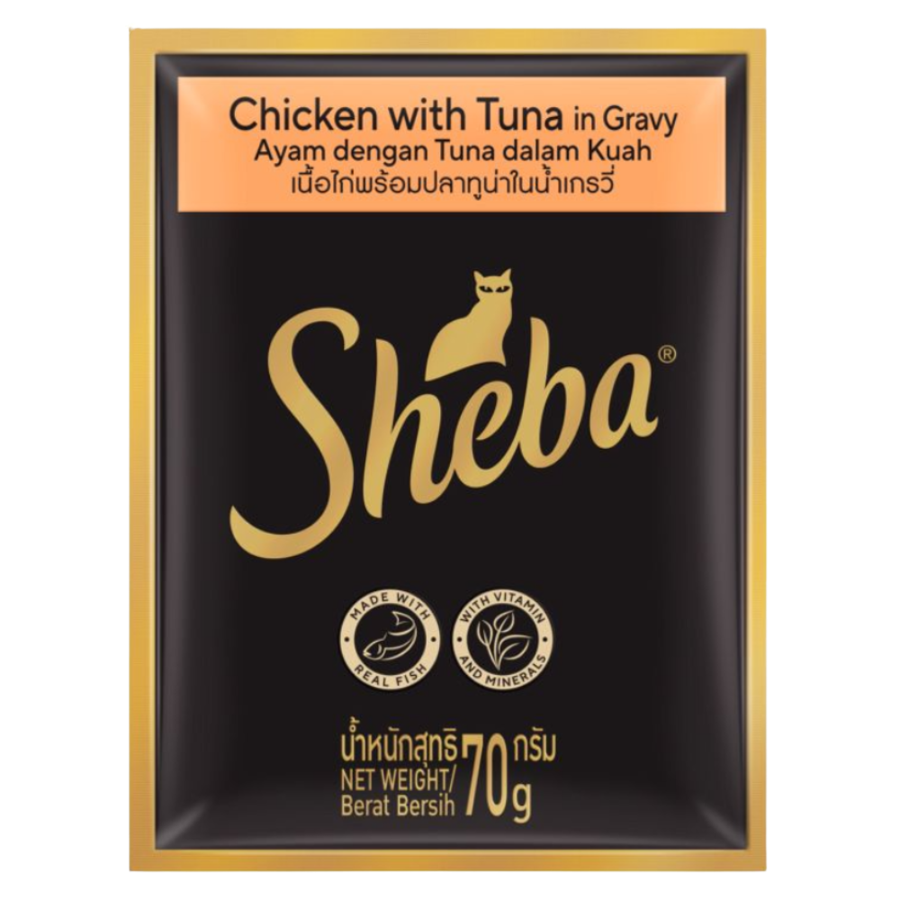 Sheba cat food package with chicken and tuna in gravy on a white background