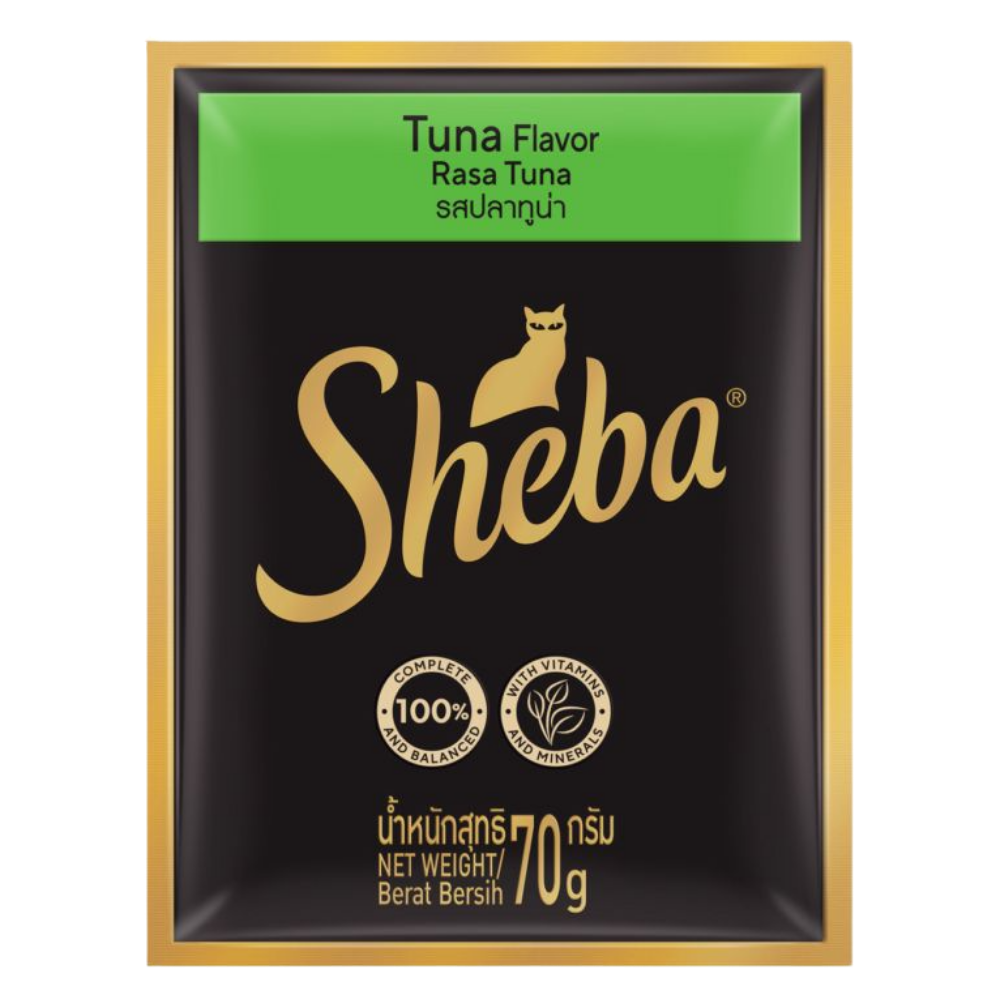 A 70g package of Sheba Tuna Flavor cat food, featuring a black background with gold lettering and a green banner at the top, framed by a gold border.