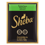 A 70g package of Sheba Tuna Flavor cat food, featuring a black background with gold lettering and a green banner at the top, framed by a gold border.