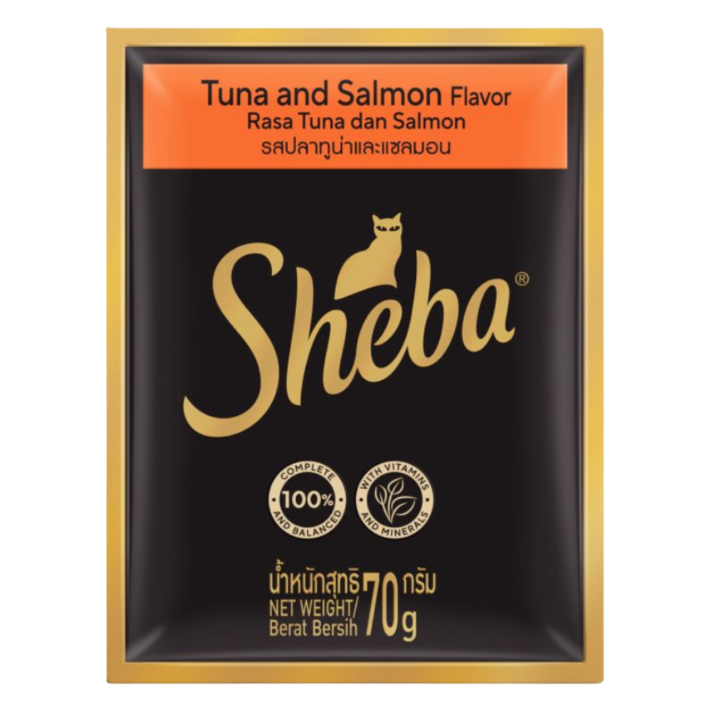 Sheba cat food package with tuna and salmon flavor on a white background
