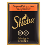 Sheba cat food package with tuna and salmon flavor on a white background