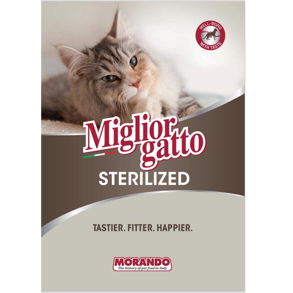 Cat food package for sterilized cats with a cat on top, featuring the brand 'Miglior Gatto' and 'Morando'.