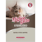 Cat food package for sterilized cats with a cat on top, featuring the brand 'Miglior Gatto' and 'Morando'.