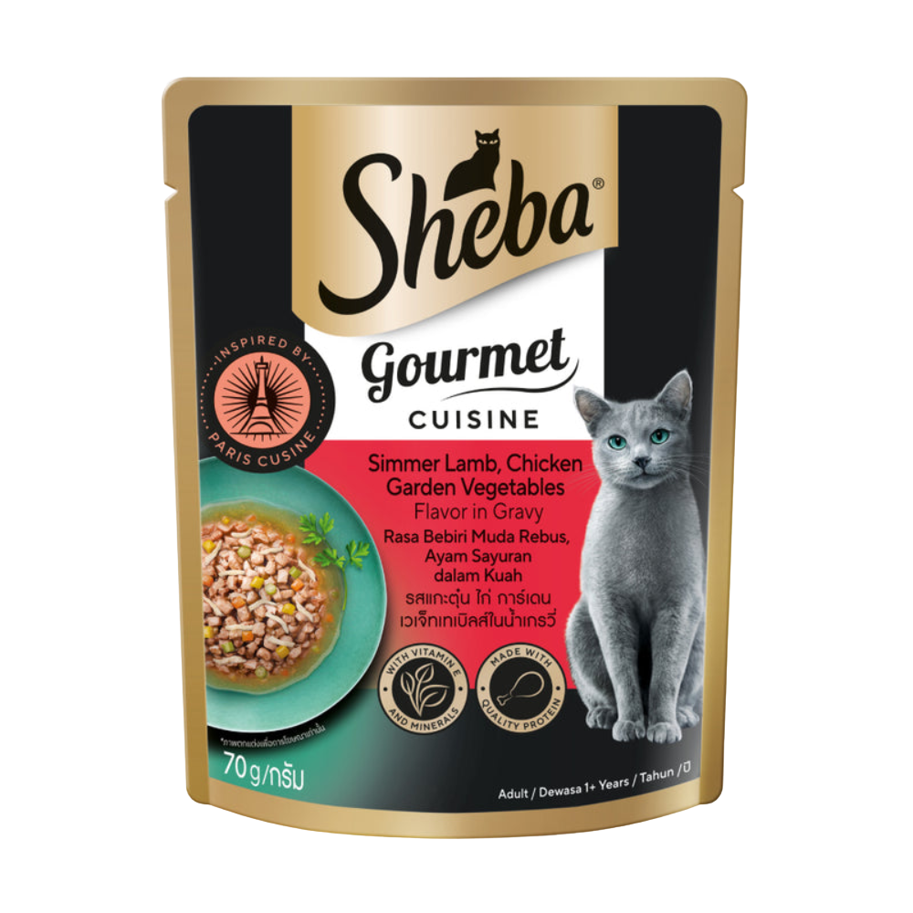 Sheba Gourmet Cuisine cat food pouch with a cat on the label