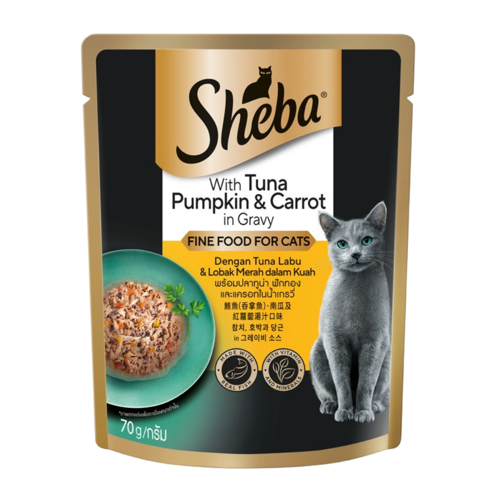 Sheba cat food pouch with tuna, pumpkin, and carrot in gravy on a white background