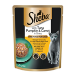 Sheba cat food pouch with tuna, pumpkin, and carrot in gravy on a white background