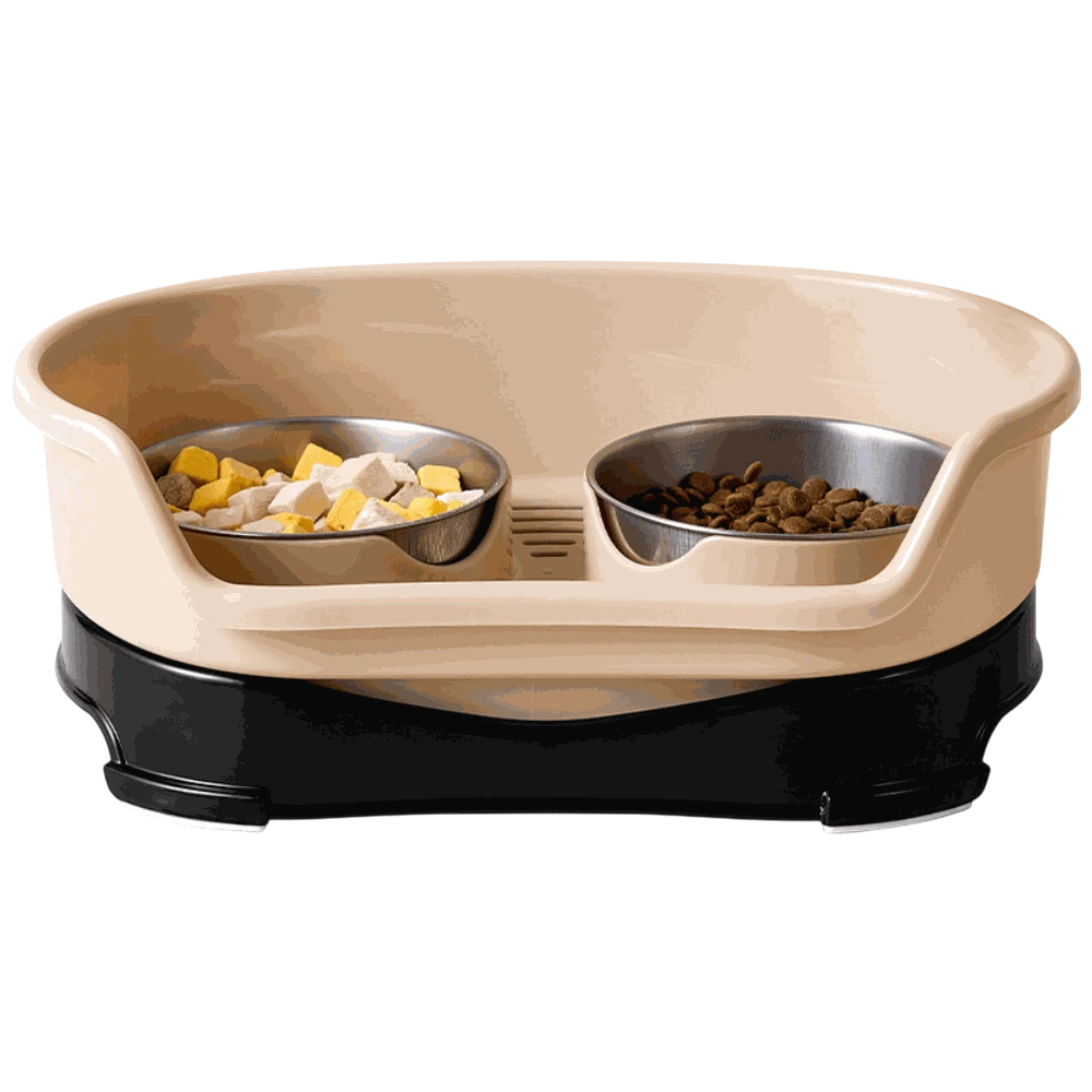 Beige elevated pet feeder with two bowls on a white background