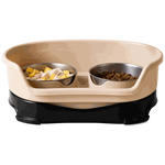 Beige elevated pet feeder with two bowls on a white background