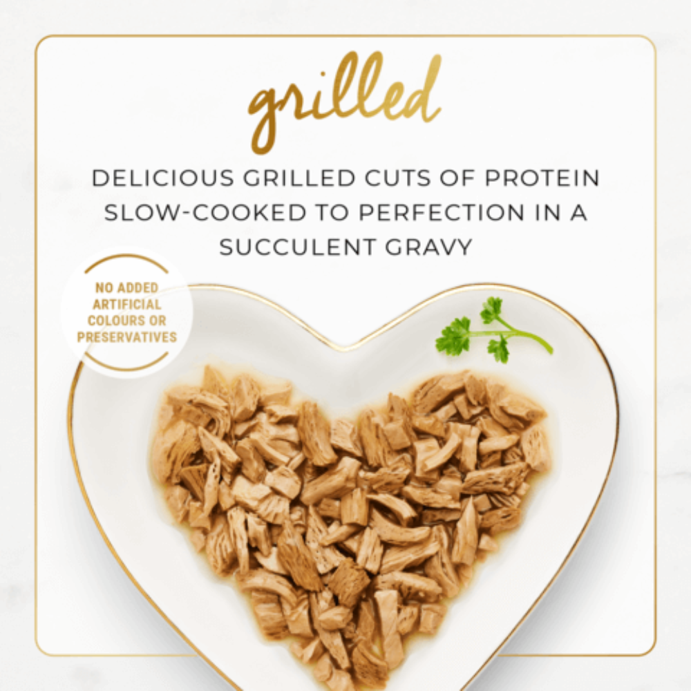 Heart-shaped plate with grilled protein on a white background