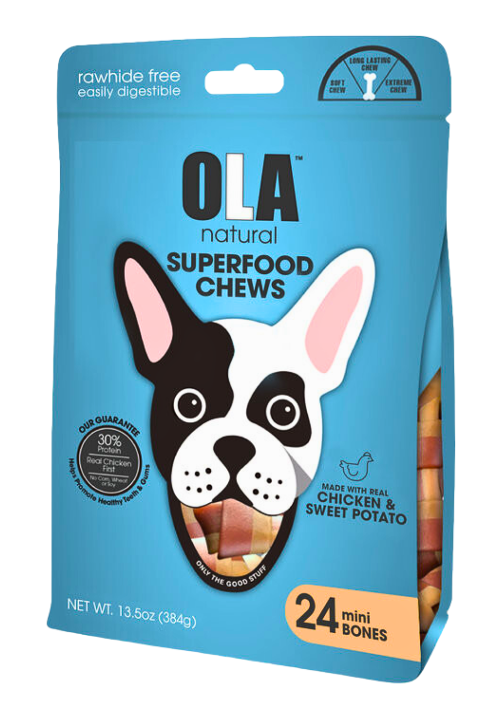 Ola Natural Chicken & Sweet Potato 24 Mini Bones Dog Treats 384g.