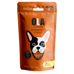 Package of OLA natural superfood chews for dogs with a dog illustration on an orange background.
