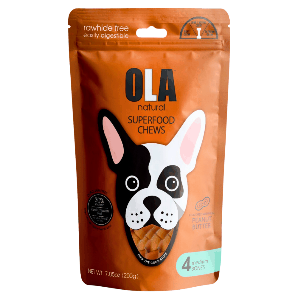Package of OLA natural superfood chews for dogs with a dog illustration on an orange background.