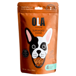 Package of OLA natural superfood chews for dogs with a dog illustration on an orange background.