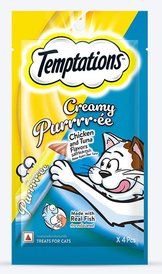 Temptations cat treats packaging with cartoon cat on a white background