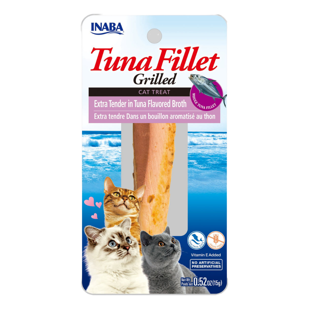 Inaba Tuna Fillet Grilled cat treat packaging with images of cats and text.