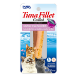 Inaba Tuna Fillet Grilled cat treat packaging with images of cats and text.