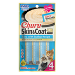 Packaging of Churu Skin & Coat cat treats with tuna and scallop recipe on a white background.