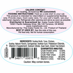 Label with feeding instructions, ingredients, and guaranteed analysis for a pet food product.