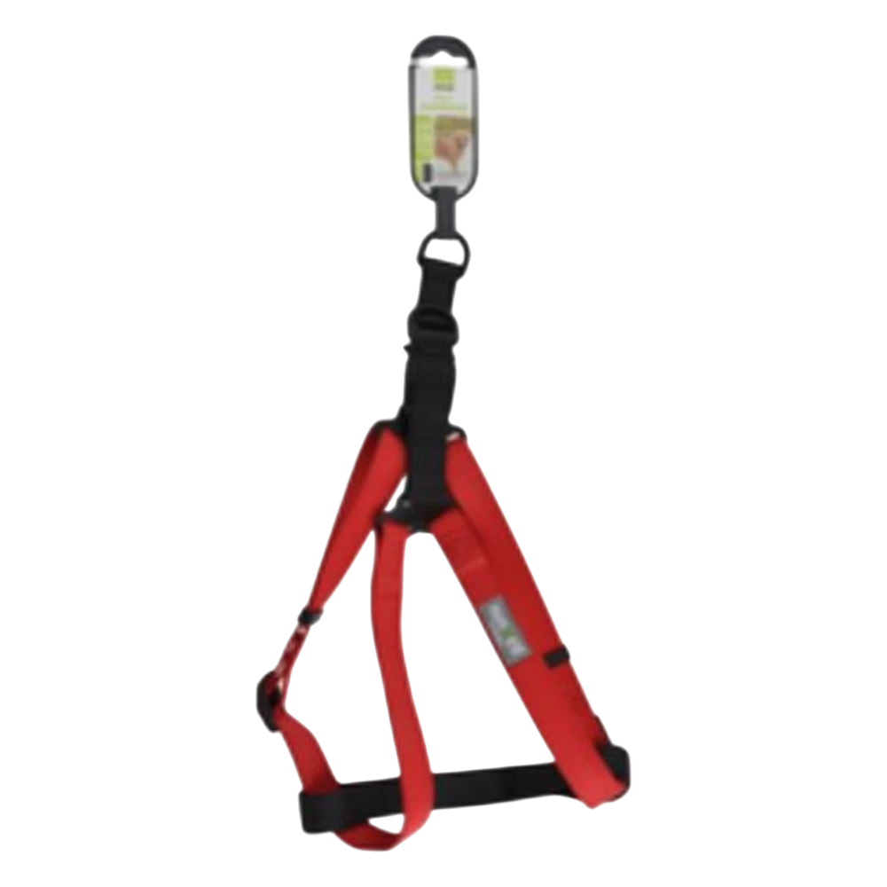 Red dog harness with black straps on a white background