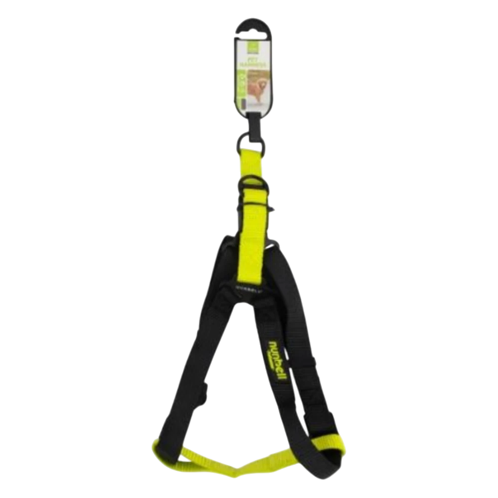 Black and yellow dog harness with a brand label on a white background