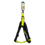 Black and yellow dog harness with a brand label on a white background