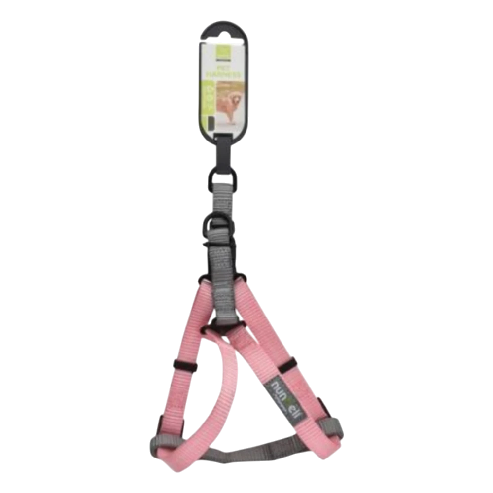 Pink dog harness with gray straps on a white background