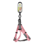 Pink dog harness with gray straps on a white background