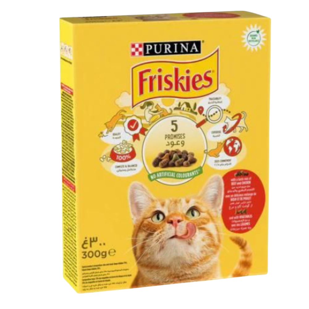 Yellow box of Purina Friskies cat food with a cat's face on the packaging.