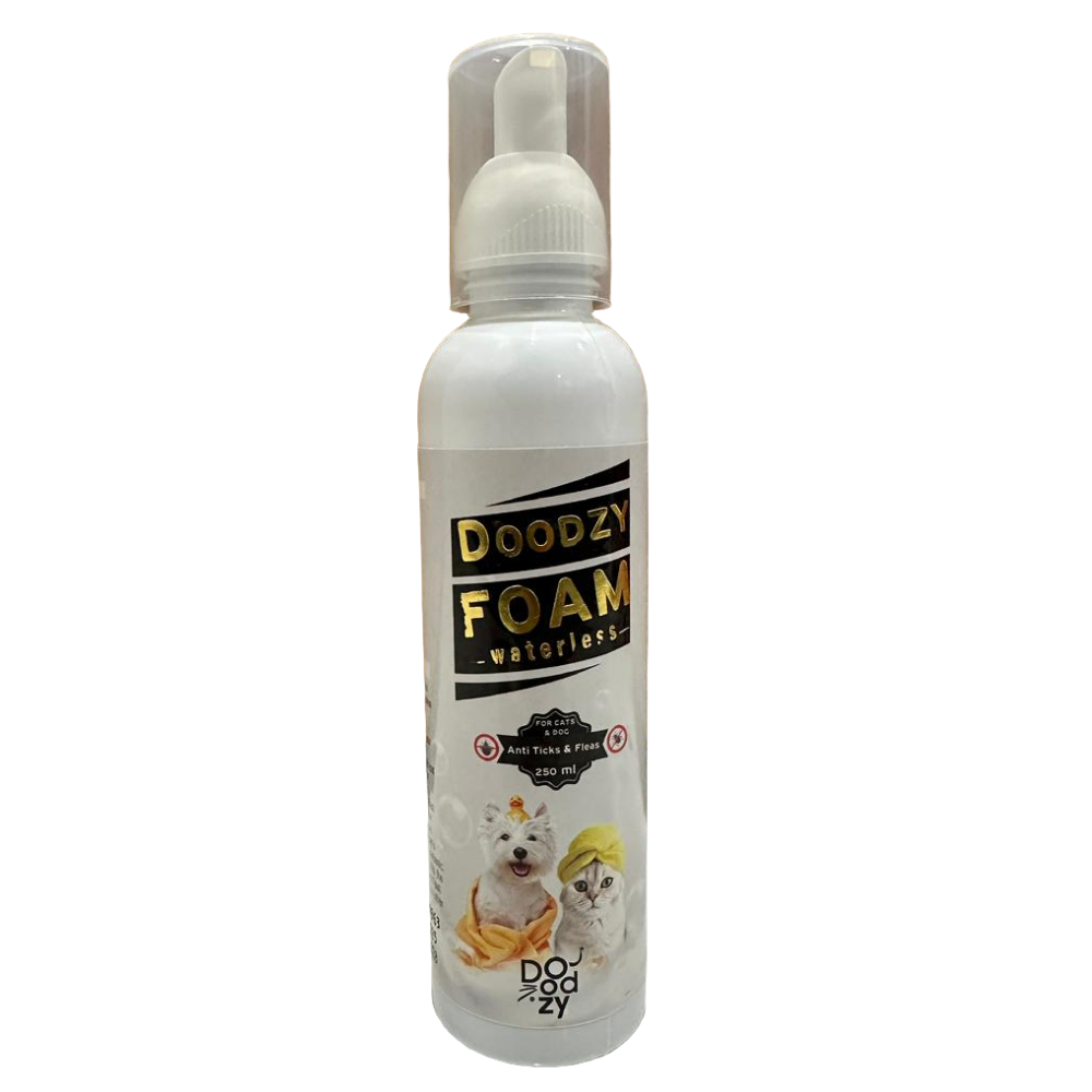 Doozy Foam bottle on a tiled floor with wooden wall background