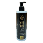 Doggy Woof Wash premium pet shampoo bottle on a tiled floor with wooden wall background