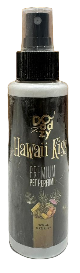 Bottle of Doggy's Hawaiian Kiss Premium Pet Perfume on a tiled floor with wooden panel background