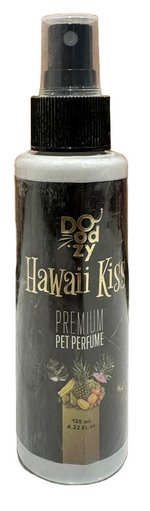 Bottle of Doggy's Hawaiian Kiss Premium Pet Perfume on a tiled floor with wooden panel background