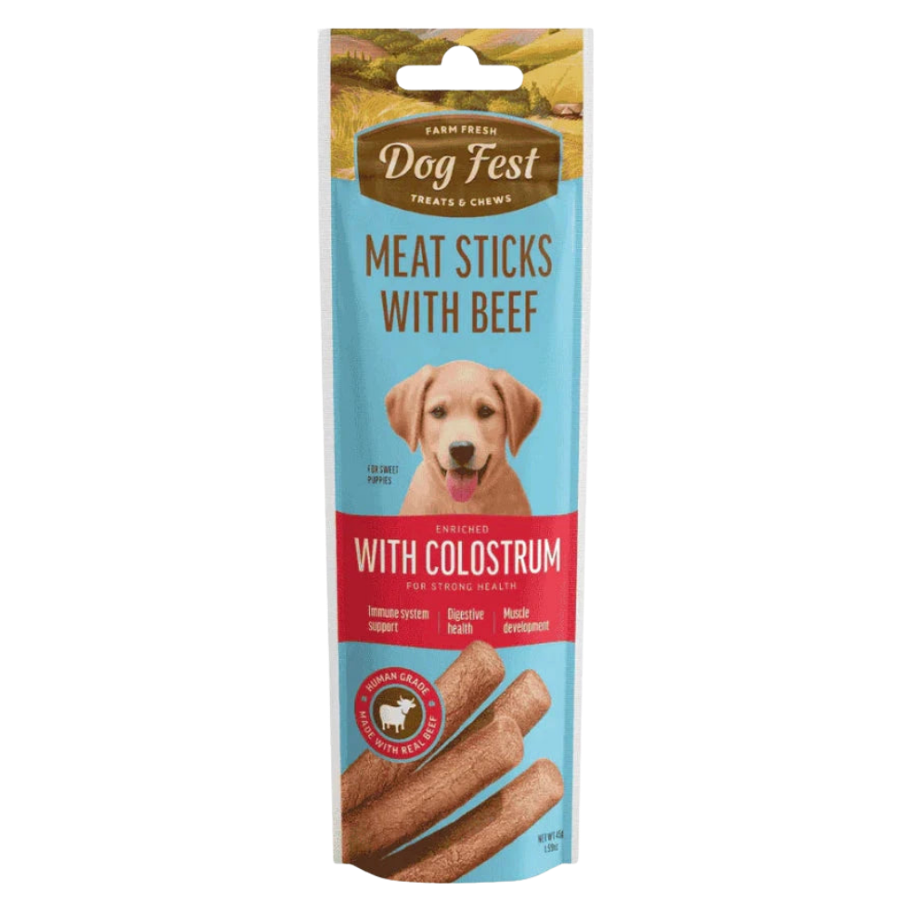 Package of Dog Fest Meat Sticks with Beef and Colostrum on a white background