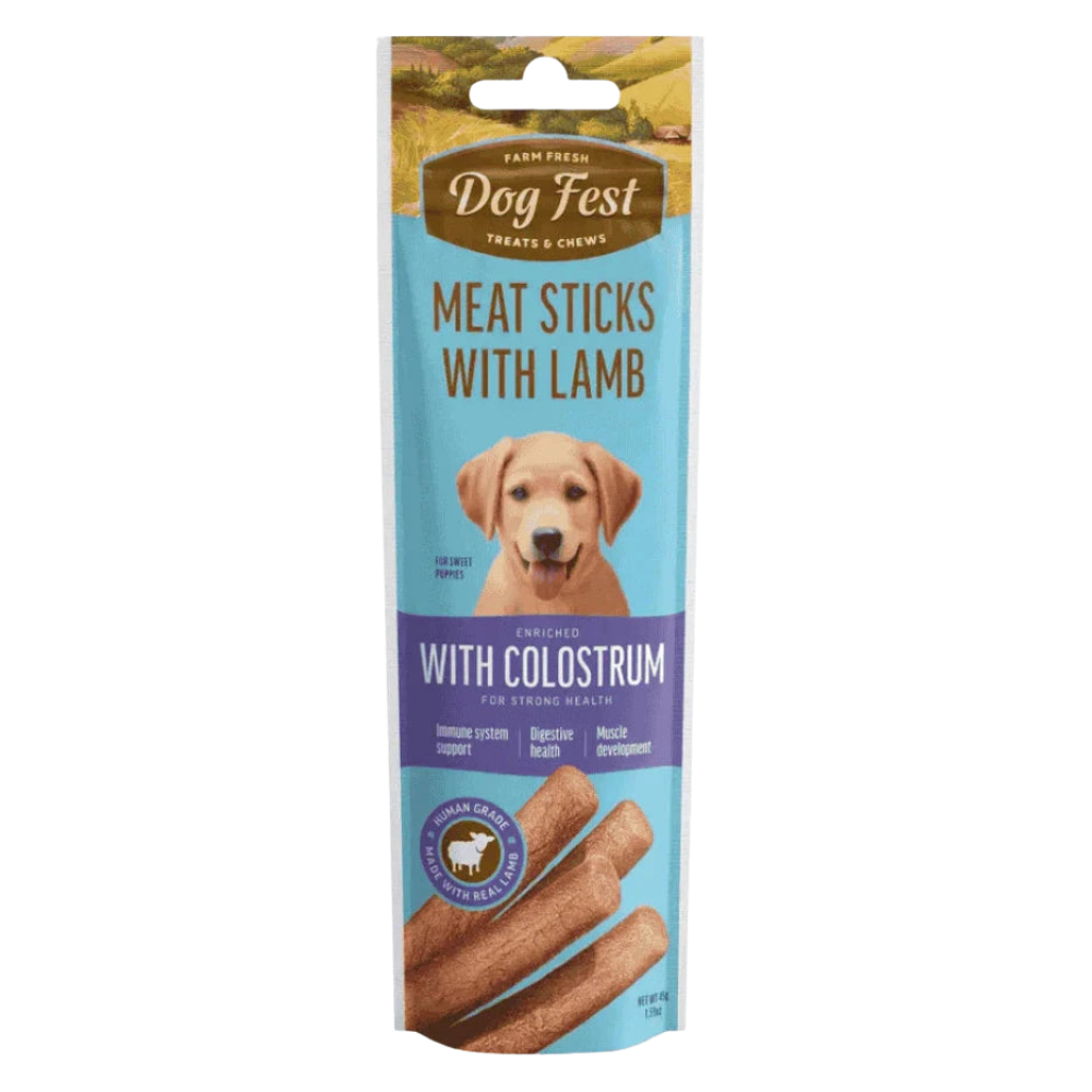 Package of Dog Fest Meat Sticks with Lamb on a white background