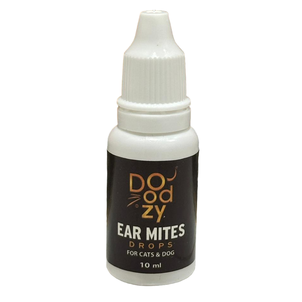 Bottle of Doozy ear mites drops for cats and dogs on a tiled floor.