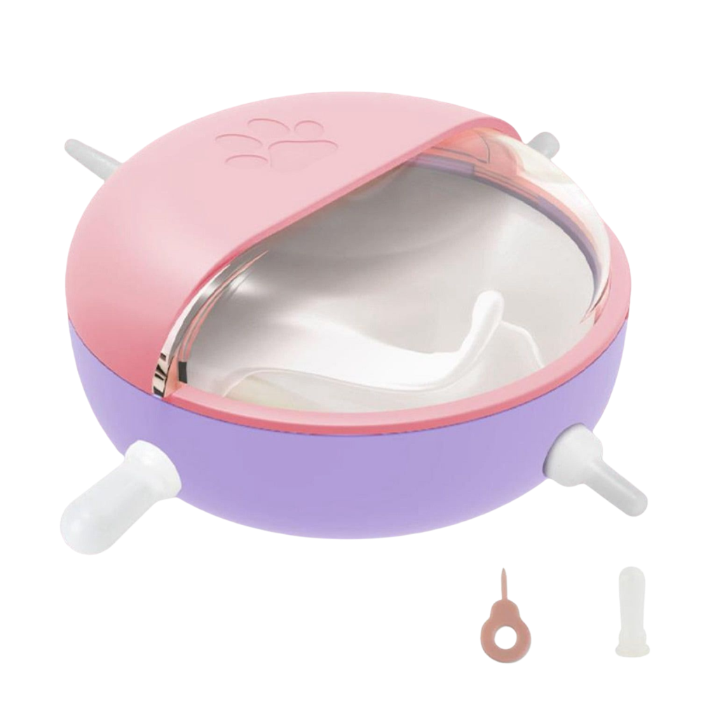 Pink and purple pet carrier with white wheels on a white background