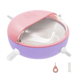 Pink and purple pet carrier with white wheels on a white background