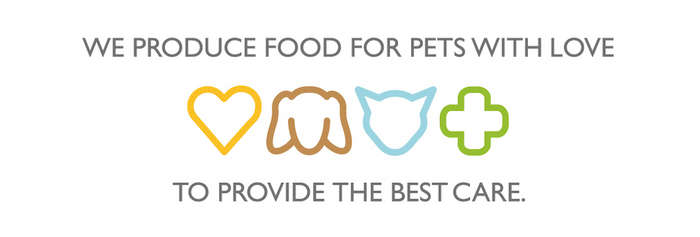 Text and icons on a blue background with the message 'We produce food for pets with love to provide the best care.'