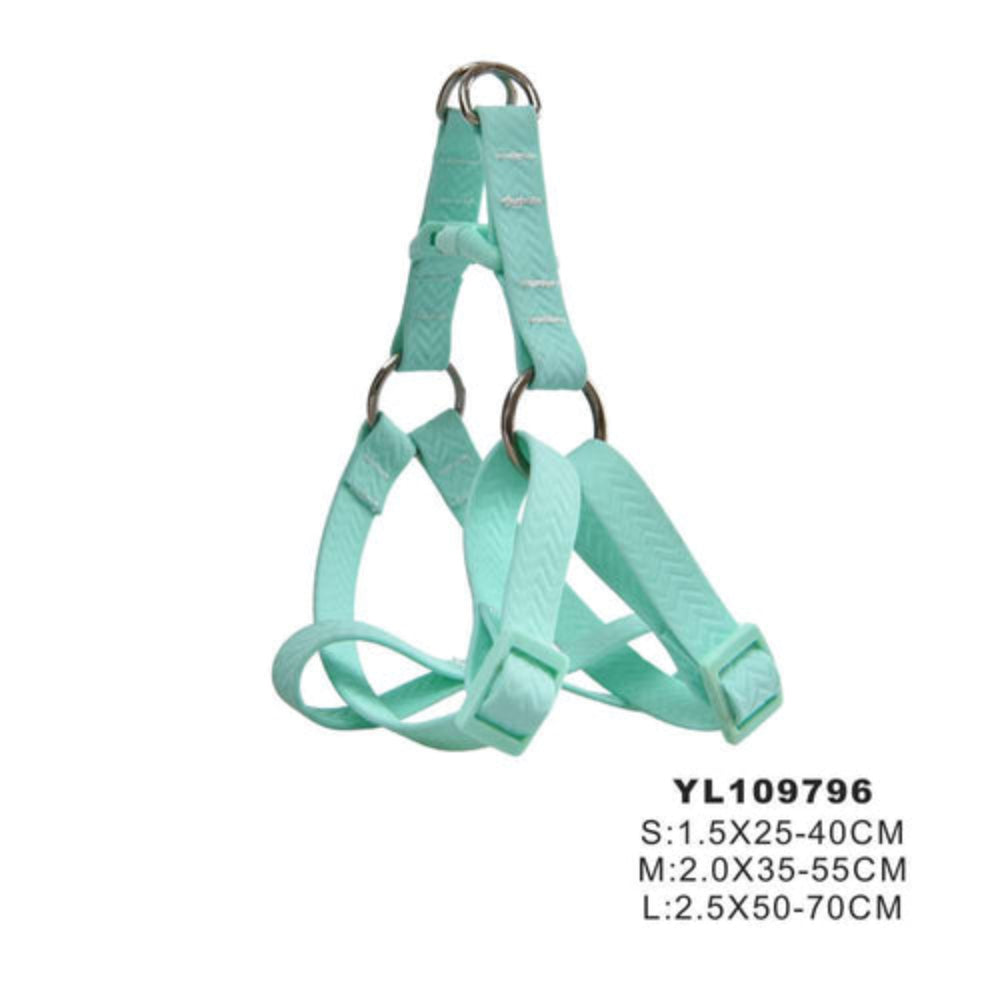Mint green dog harness on a white background with size information.