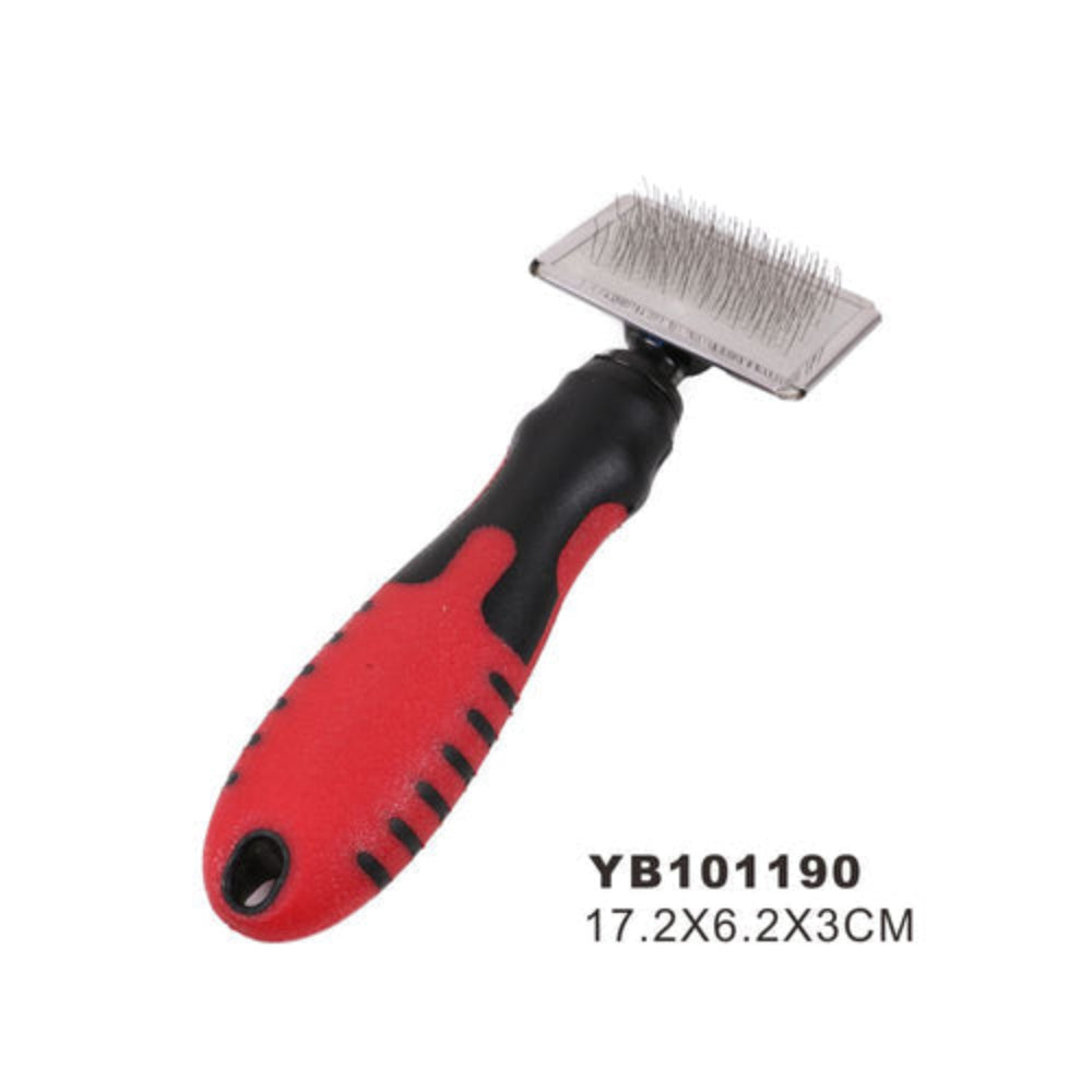 Pet grooming brush with red handle and black accents on a white background