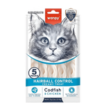 Wanpy cat treat package with a cat's face on the packaging, featuring codfish and chicken.