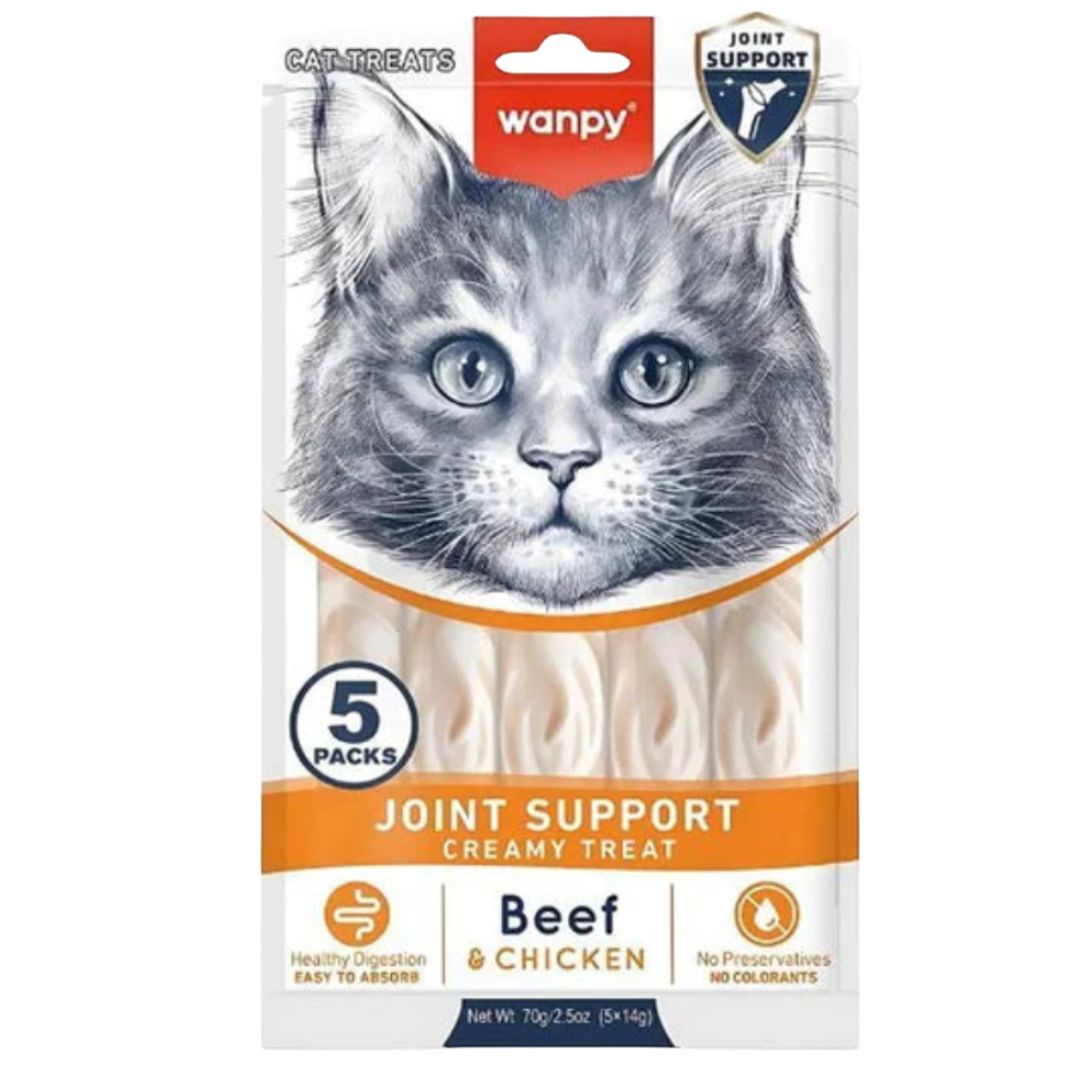 Cat treat package with a cat's face on the label, featuring Wanpy brand.