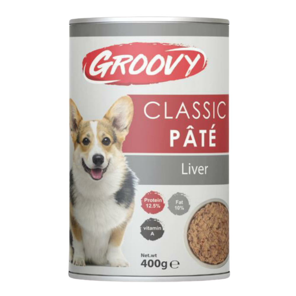 Can of Groovy Classic Pété dog food with a corgi on the label